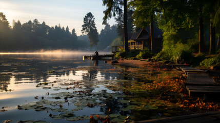 Obraz premium A serene lakeside scene at dawn, with mist rising from the water's surface and the soft glow of the morning sun casting a peaceful ambiance