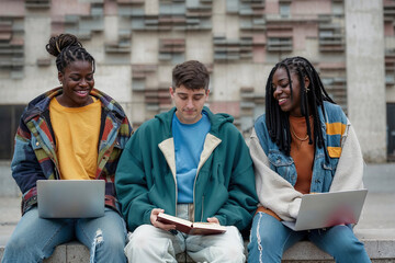 Three young people sitting on a bench with laptops. Generative AI