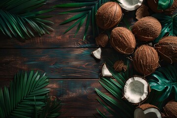 a group of coconuts and leaves on a wooden surface