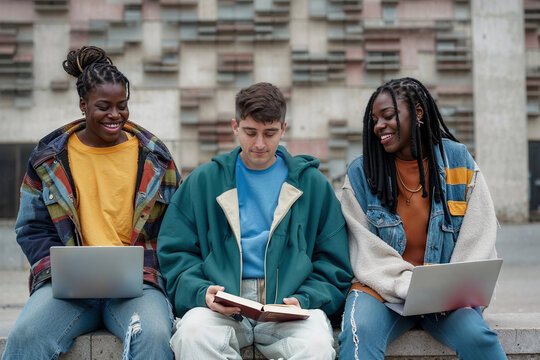 Three young people sitting on a bench with laptops. Generative AI