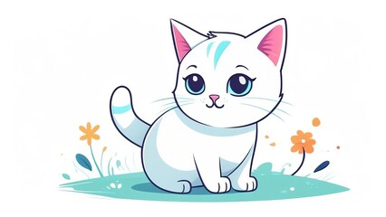 Fototapeta premium illustration of a cute cartoon white kitten isolated on a white background. Little cute watercolor animals.