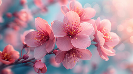 Spring Pink Cherry Blossoms with Blue Sky Background.