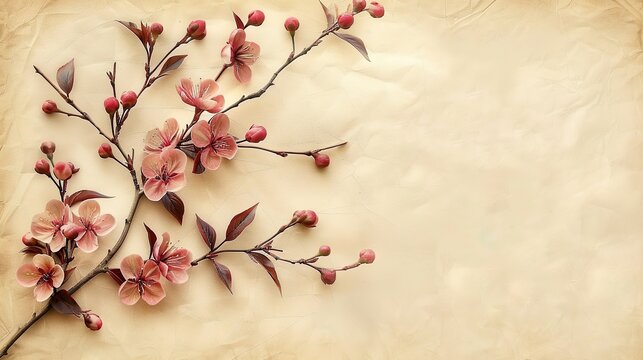 Fondo de un pergamino con flor de almendro en flor y espacio para texto.