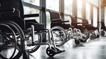 Empty wheelchairs positioned in a brightly lit, clean hospital corridor, suggesting themes of healthcare and accessibility. - obrazy, fototapety, plakaty