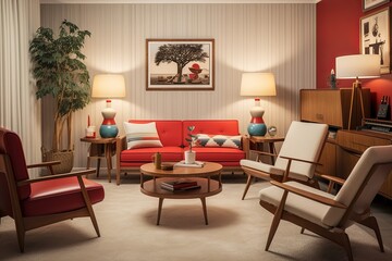 Retro Red and White Mid-Century Living Room: Vinyl Seat Furnishings & Unique Lighting Fixtures