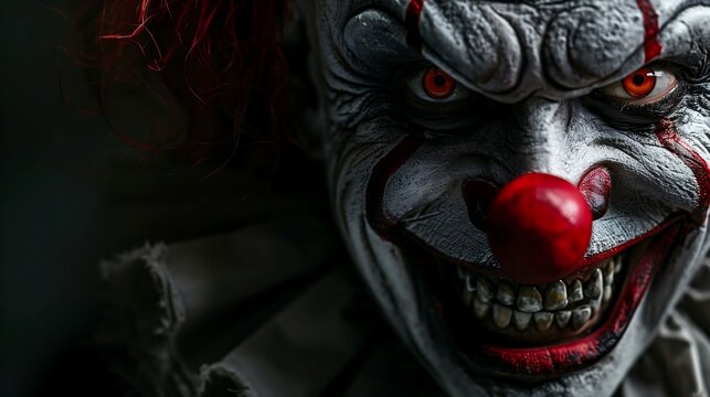 portrait of a scary clown with a red nose on a black background
