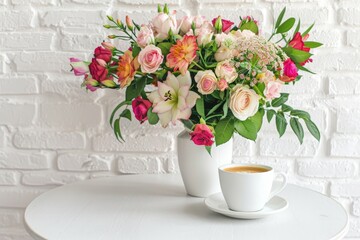 Obraz na płótnie Canvas White Table with Flower Bouquet, Coffee Cup on White Brick Wall Background, Morning Greeting Card
