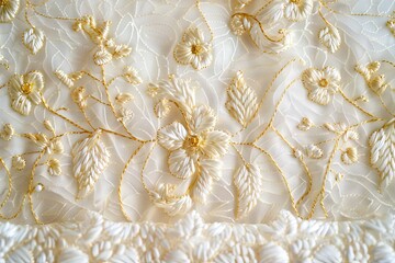 White and Gold Embroidery Texture Background, Abstract Embroidered Pattern, Copy Space