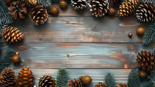 celebratory frame of Christmas decorations on a rustic wood backdrop