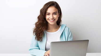 Smiling woman working on a laptop against a grey background.