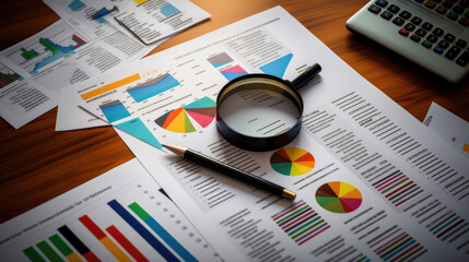 Printed business documents with colorful charts and graphs being analyzed through a magnifying glass