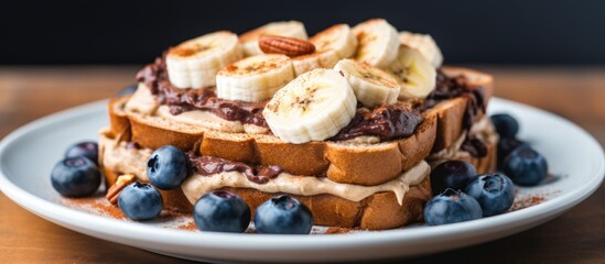 A stack of freshly made waffles piled high and topped with slices of bananas and fresh blueberries. The fruits are arranged neatly on top of the golden-brown waffles on a white plate.