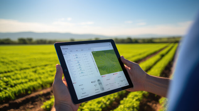 Farmer holding a tablet with a blank screen in front of a field of green crops