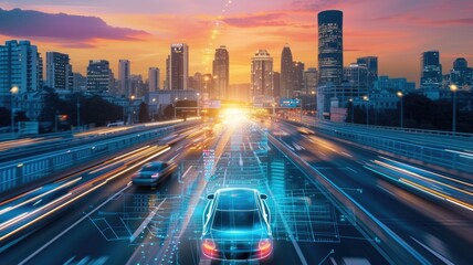 autonomous electric car charging at a renewable energy station against a backdrop of a smart city skyline, symbolizing sustainable innovation