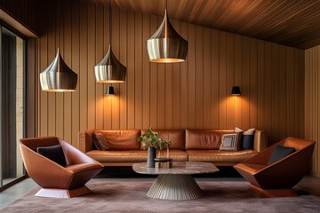 Modern Metal and Leather Seating in Mid-Century Room with Abstract Wood Paneling and Pendent Lights