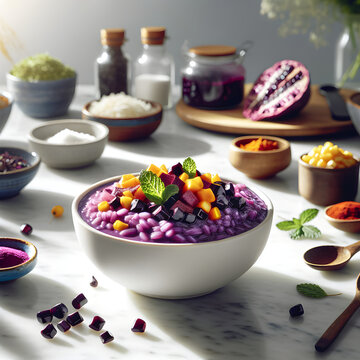 Peruvian Mazamorra Morada Dessert with Ingredients