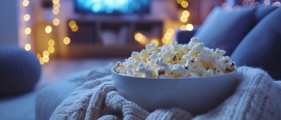 Eine Schüssel Popcorn auf dem Sofa bei einem gemütlichen Filmabend  - obrazy, fototapety, plakaty