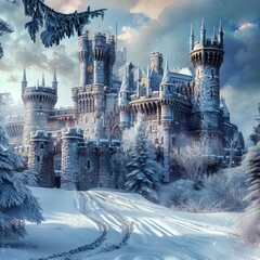 Old Castle Winter Landscape, Fantasy Kingdom Snow Landscape, Winter Castle, Copy Space