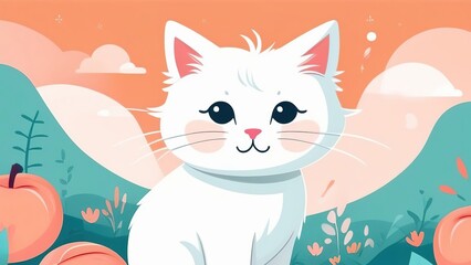 illustration of a cute cartoon white kitten, peach fuzz background. Little cute watercolor animals.