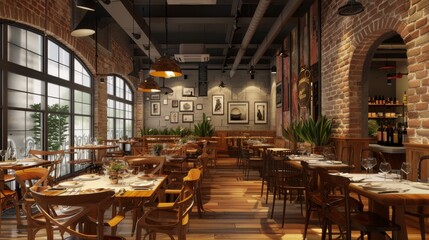 Fototapeta na wymiar Traditional Italian Restaurant With Brick Wall and Wooden Tables