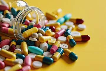 Pills Scattered from Bottle, Color Dietary Supplements, Vitamin Capsules, Mineral Pills
