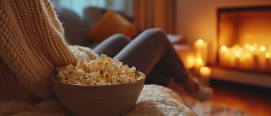 Eine Schüssel Popcorn auf dem Sofa bei einem gemütlichen Filmabend  - obrazy, fototapety, plakaty