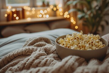 Eine Schüssel Popcorn auf dem Sofa bei einem gemütlichen Filmabend 