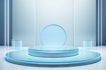Blue Podium Mockup, Glass Frosted Panel Cosmetic Products Background, Cube and Circular Podiums