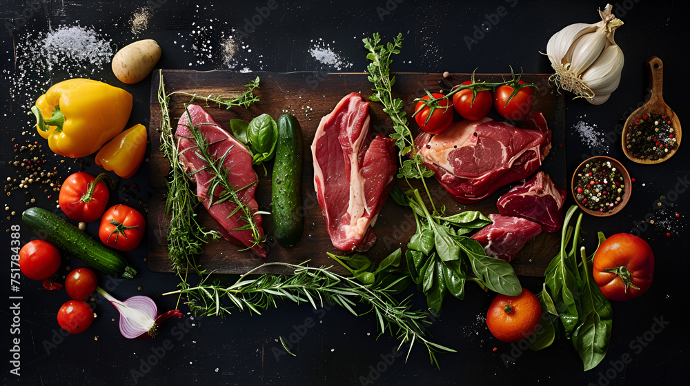 Wall mural a few vegetables and meat placed at random using good spaces between like a product display