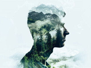 Double exposure photo, man and natural landscape blend together,human and nature, peace of mind,abstract mentation,meditation,contemplative,philosophy, silhouett of woman,forest resources,ESG,woods