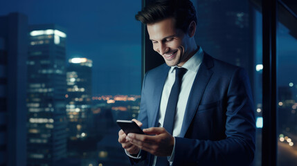 Smiling man in a business suit is looking at his smartphone against office background - obrazy, fototapety, plakaty