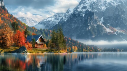 The photo captures a moment of serenity and solitude, with a small cabin harmoniously blending into the scenic landscape of a mountain lake, offering a peaceful refuge. - obrazy, fototapety, plakaty