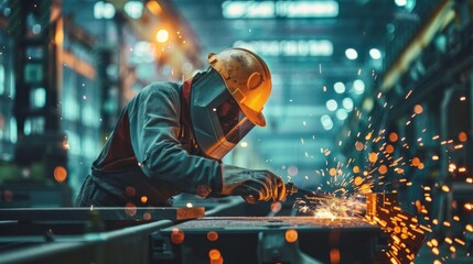 Welder Working on Metal in Factory