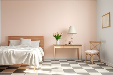 Checkerboard Minimalist Bedroom: Pastel Walls and Light Wood