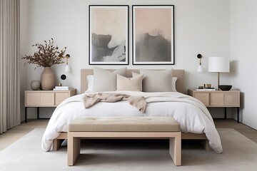 Minimalist Bedroom Bliss: Vintage Console Tables, Luxurious Velvet Bedding, Neutral Color Palette