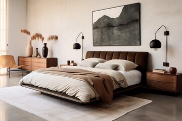 Retro Lighting Fixtures Illuminate Luxe Velvet Bedding in Neutral Minimalist Bedroom