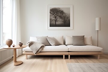 Fototapeta na wymiar Minimalist Home Oasis: Elegant Furniture, Clean Lines, Chic Textiles