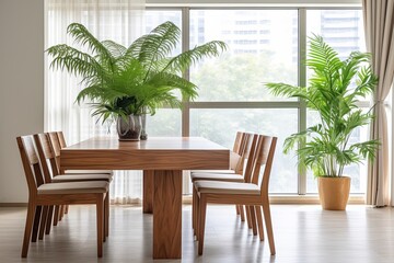 Minimalist Dining Room: Solid Wood Table Set Beside Lush Fern and Orchid Displays