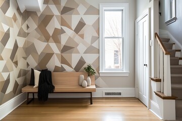 Geometric Wallpaper Elegance: Minimalist Entryway with Neutral Tones and Brownstone Accents