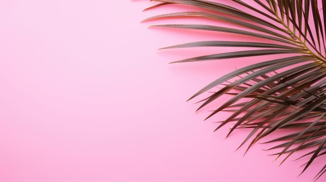 A palm tree with tropical leaves on a pink background with a place to copy text, an even layer of green tropical leaves. The concept of recreation, tourism, and sea travel.