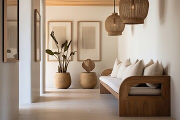 Fototapeta na wymiar Chic Minimalist Hallway: Wooden and Clay Decor Items with Stylish Lighting and Cozy Seating