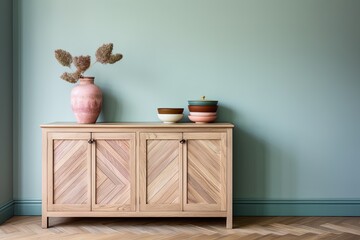 Minimalist Home Interior Design: Antique Wood Cabinetry and Pastel Wall Backdrop Ensemble