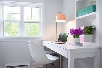 Fototapeta premium Minimalist Home Office: Colorful Lantern Lighting, Sleek White Desk, Modern Chair Design