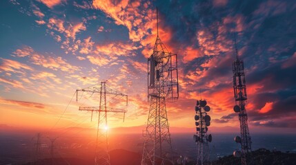 Cell Tower Silhouetted by Setting Sun - Powered by Adobe