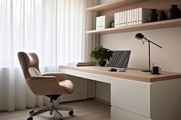 Sleek White Desk in a Minimalist Office with Vinyl Seat Furnishings and Leather Armchair