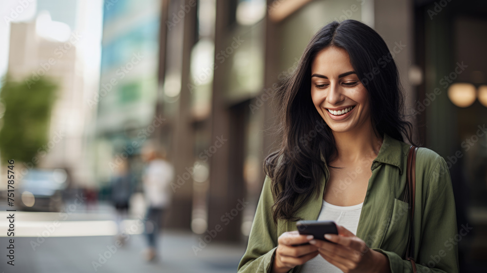 Poster Woman is looking at her smartphone, , standing on an urban sidewalk with buildings in the background.