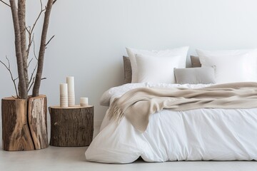 Minimalist Tree Stump Nightstands: Neutral Room with Solid Color Bedding