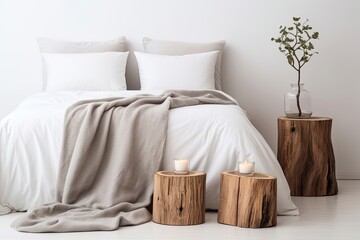 Minimalist Neutral Bedroom with Tree Stump Nightstands and Solid Color Bedding