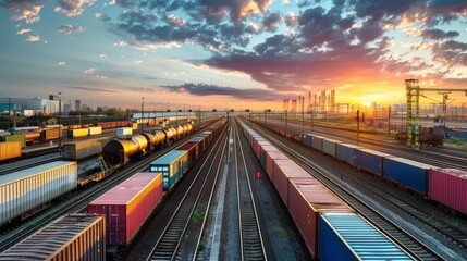 Fototapeta premium Busy Train Yard With Many Train Cars