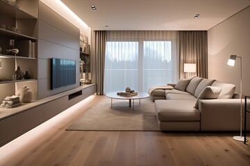 Neutral Palette Modern Apartment: Laminate Flooring and Soft Lighting Tranquility